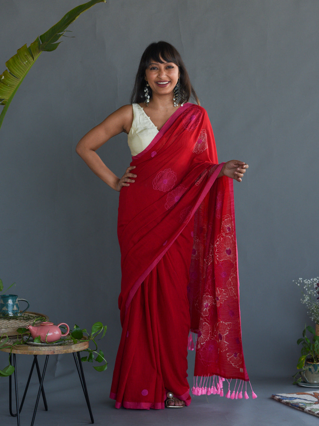 Women's Red Cotton Saree
