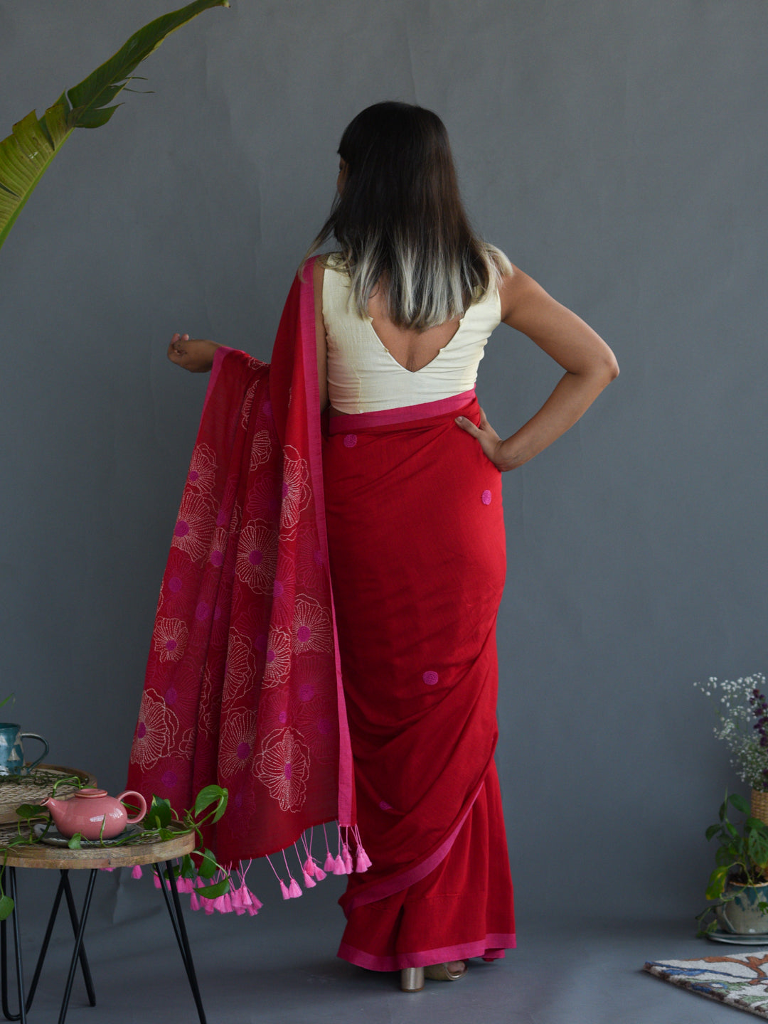 Women's Red Cotton Saree