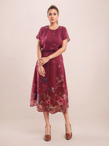 Women's Maroon Casual A-Line Printed Half Sleeves Dress