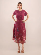 Women's Maroon Casual A-Line Printed Half Sleeves Dress