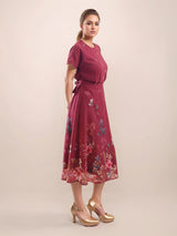 Women's Maroon Casual A-Line Printed Half Sleeves Dress