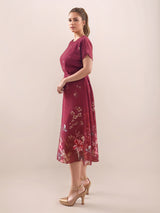 Women's Maroon Casual A-Line Printed Half Sleeves Dress