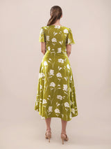Women's Green Casual Fit & Flared Printed Half Sleeves Dress