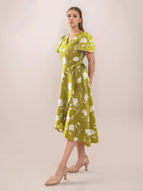Women's Green Casual Fit & Flared Printed Half Sleeves Dress