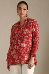 Women's Fuchsia Silk Berry Floral Print Tunic With Beads