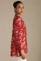 Women's Fuchsia Silk Berry Floral Print Tunic With Beads