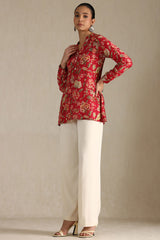 Women's Fuchsia Silk Berry Floral Print Tunic With Beads