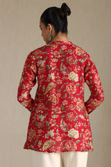 Women's Fuchsia Silk Berry Floral Print Tunic With Beads