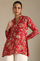 Women's Fuchsia Silk Berry Floral Print Tunic With Beads