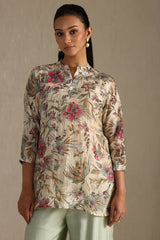 Women's Beige Silk Blend Floral Print Tunic