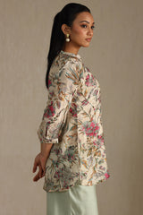 Women's Beige Silk Blend Floral Print Tunic