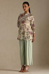Women's Beige Silk Blend Floral Print Tunic