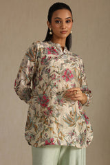 Women's Beige Silk Blend Floral Print Tunic