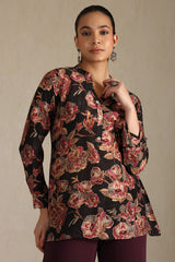 Women's Black Silk Berry Floral Print Tunic With Beads