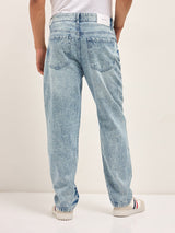 Men's Light Blue with Light Fade Distressed Mid Rise Straight Fit Jeans