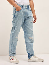 Men's Light Blue with Light Fade Distressed Mid Rise Straight Fit Jeans
