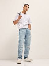 Men's Light Blue with Light Fade Distressed Mid Rise Straight Fit Jeans