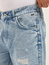 Men's Light Blue with Light Fade Distressed Mid Rise Straight Fit Jeans