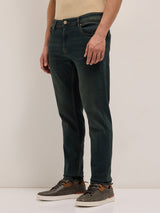 Men's Dark Green Mid Rise Slim Fit Jeans with Light Fade