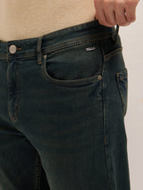 Men's Dark Green Mid Rise Slim Fit Jeans with Light Fade
