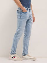 Men's Light Blue Mid Rise Slim Fit Jeans with Light Fade