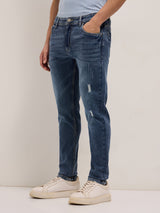 Men's Mid Blue Mid Rise Slim Fit Jeans with Lightly Distressed