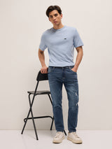 Men's Mid Blue Mid Rise Slim Fit Jeans with Lightly Distressed