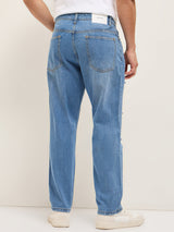 Men's Light Blue with Light Fade Distressed Mid Rise Relaxed Fit Jeans