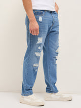 Men's Light Blue with Light Fade Distressed Mid Rise Relaxed Fit Jeans