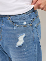 Men's Light Blue with Light Fade Distressed Mid Rise Relaxed Fit Jeans