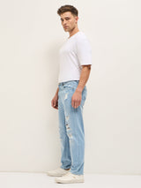 Men's Light Blue with Light Fade High Distressed Mid Rise Relaxed Fit Jeans