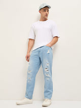 Men's Light Blue with Light Fade High Distressed Mid Rise Relaxed Fit Jeans