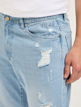 Men's Light Blue with Light Fade High Distressed Mid Rise Relaxed Fit Jeans