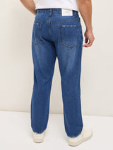 Men's Blue with Light Fade High Distressed Mid Rise Relaxed Fit Jeans