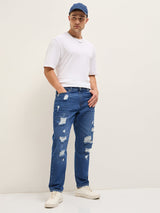 Men's Blue with Light Fade High Distressed Mid Rise Relaxed Fit Jeans