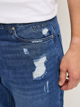 Men's Blue with Light Fade High Distressed Mid Rise Relaxed Fit Jeans