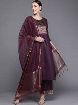 Women's Solid Maroon Straight Kurta Palazzo with Dupatta Set