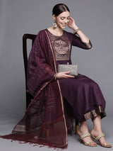 Women's Solid Maroon Straight Kurta Palazzo with Dupatta Set