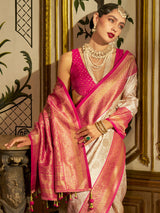 Women's Silk Blend Cream Woven Design Designer Saree With Blouse Piece