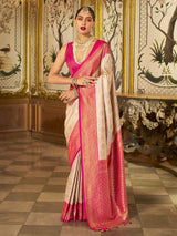 Women's Silk Blend Cream Woven Design Designer Saree With Blouse Piece