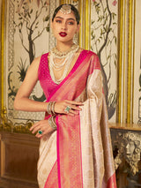 Women's Silk Blend Cream Woven Design Designer Saree With Blouse Piece
