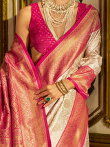 Women's Silk Blend Cream Woven Design Designer Saree With Blouse Piece