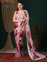 Women's Georgette Pink Printed Designer Saree with Blouse Piece
