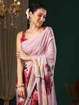 Women's Georgette Pink Printed Designer Saree with Blouse Piece