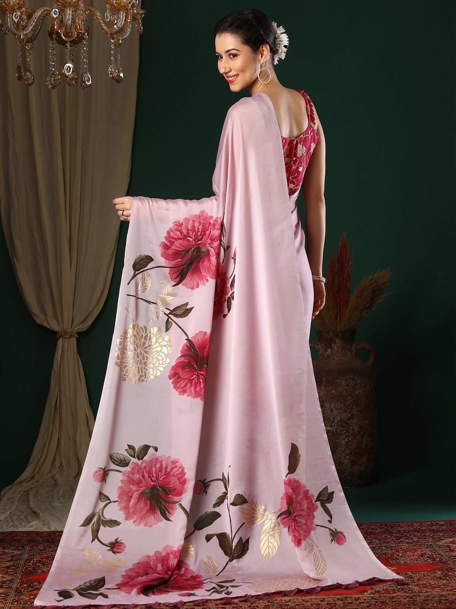 Women's Georgette Pink Printed Designer Saree with Blouse Piece
