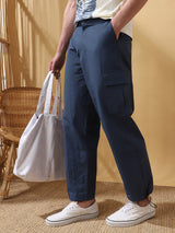 Men's Blue Casual Regular Fit Solid Trousers