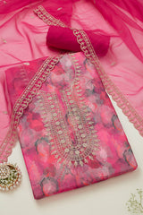 Women's Fuchsia Organza Abstract Print Unstitch Dress Material With Sequins