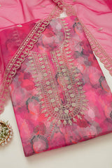 Women's Fuchsia Organza Abstract Print Unstitch Dress Material With Sequins