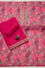 Women's Fuchsia Organza Abstract Print Unstitch Dress Material With Sequins