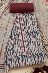 Women's Maroon Linen Abstract Print Unstitch Dress Material With Thread Work